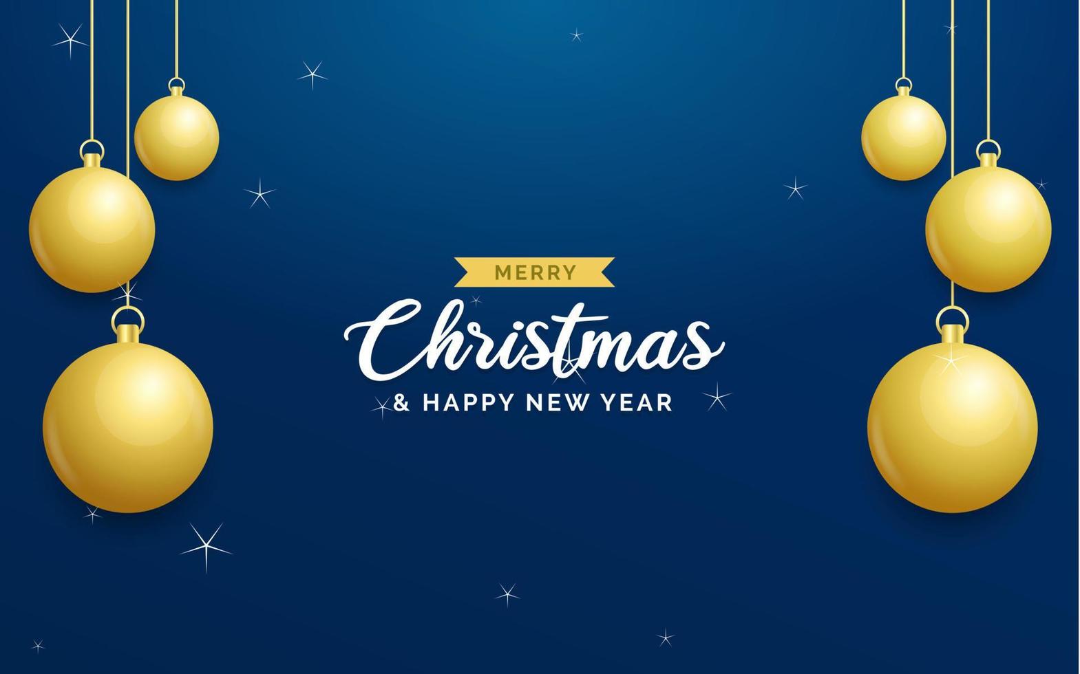 fundo azul de natal com bolas douradas brilhantes penduradas. cartão de feliz natal. feriado natal e cartaz de ano novo. banner da web vetor