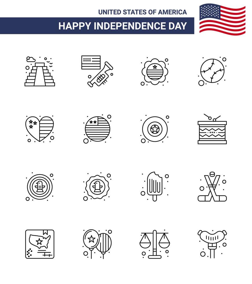 4 de julho eua feliz dia da independência ícone símbolos grupo de 16 linhas modernas do país estados unidos do país americano editável dia dos eua vetor elementos de design