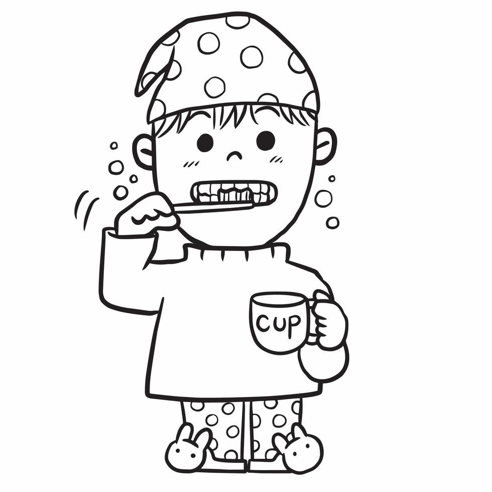 escovar os dentes desenho animado menino rabisco kawaii anime página para colorir ilustração fofa desenhando personagem clip art chibi mangá histórias em quadrinhos vetor