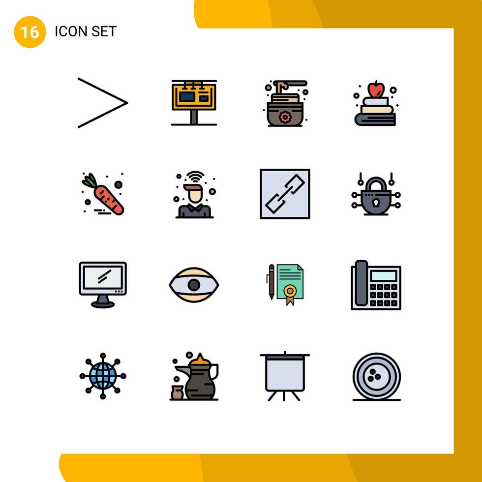 pacote de interface do usuário de 16 linhas básicas cheias de cores planas de mesa, comida, sauna, livro de cenoura, elementos de design de vetores criativos editáveis