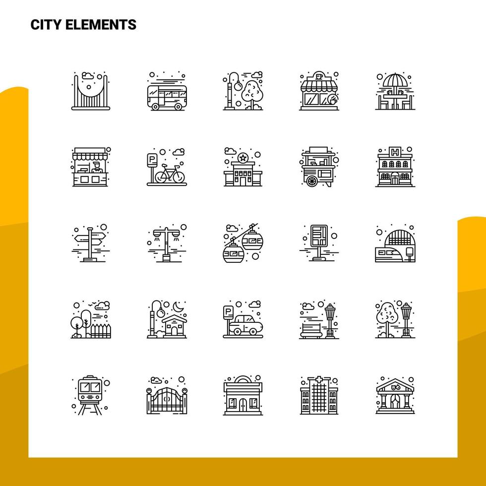 conjunto de ícones de linha de elementos da cidade conjunto 25 ícones design de estilo de minimalismo vetorial conjunto de ícones pretos pacote de pictograma linear vetor