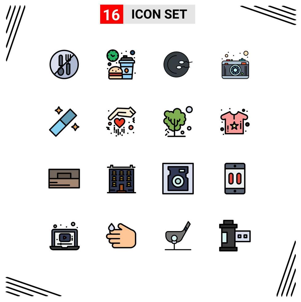 16 interface do usuário pacote de linha cheia de cores planas de sinais e símbolos modernos de reprodução de câmera de almoço fotografia editável elementos de design de vetor criativo