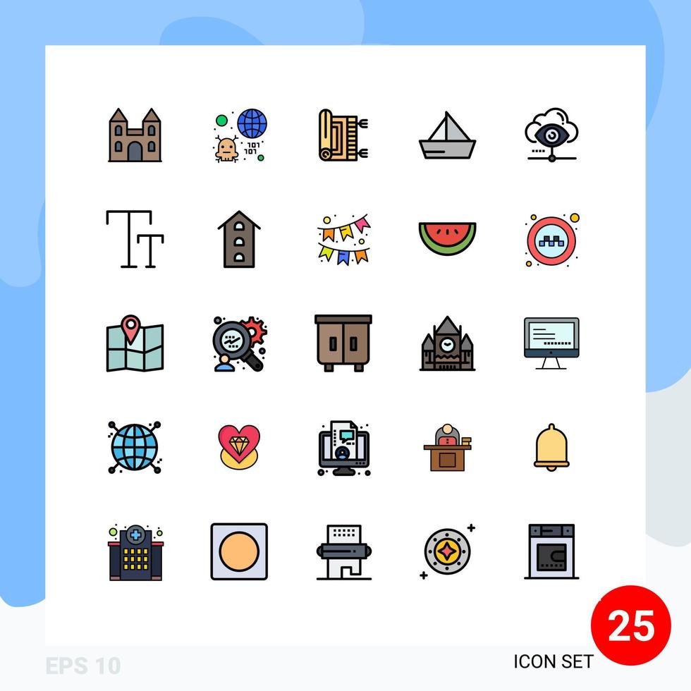 interface móvel linha preenchida conjunto de cores planas de 25 pictogramas de veículos de vírus de vela barco rezar elementos de design de vetores editáveis
