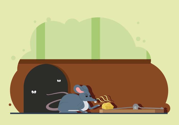 Rato gratuito tenta pegar o queijo na ilustração da armadilha do mouse vetor