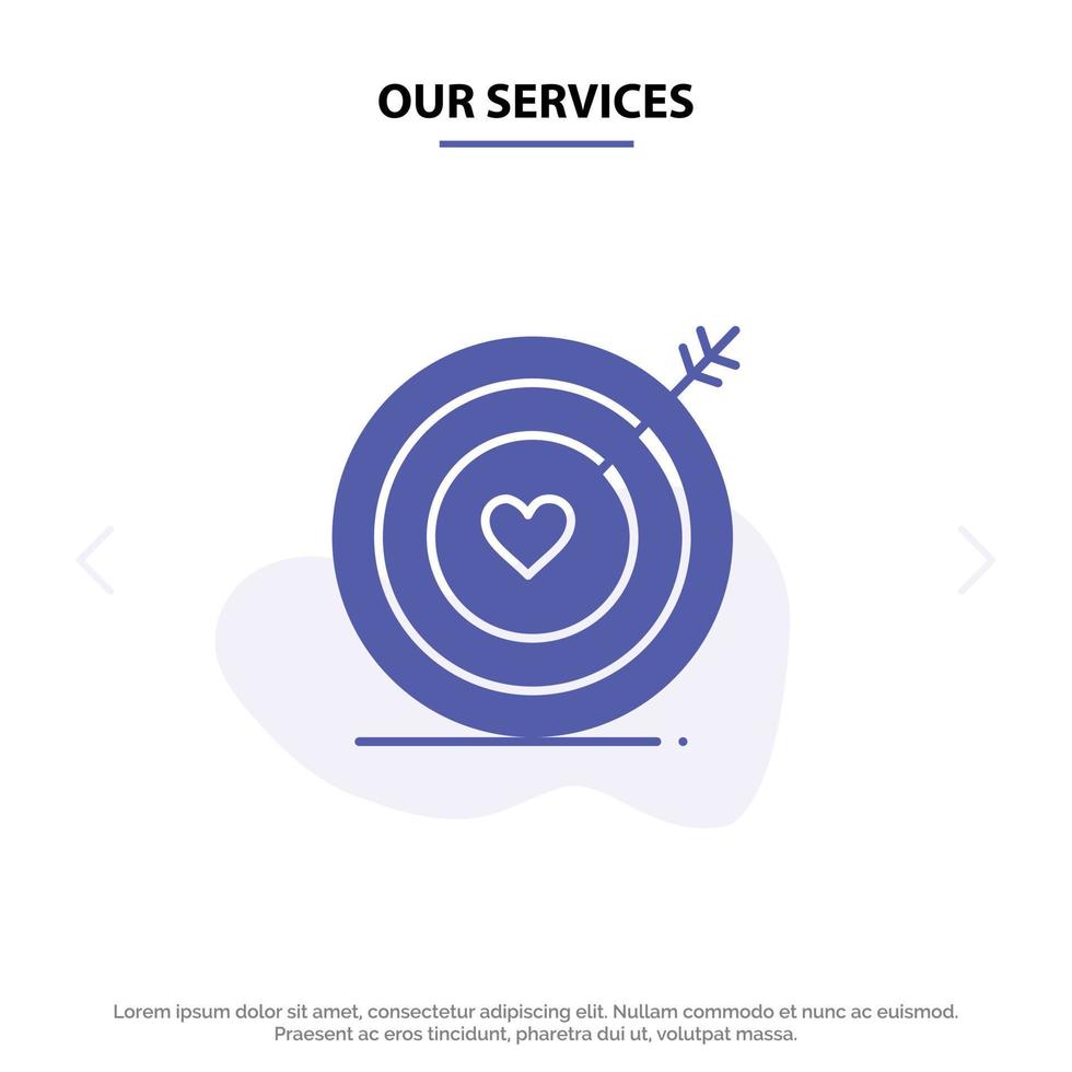 nossos serviços visam o modelo de cartão da web de ícone de glifo sólido de casamento de coração de amor vetor