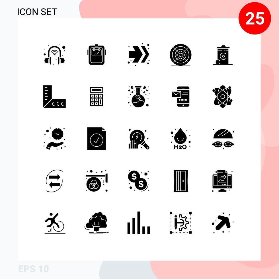 pacote de interface do usuário de 25 glifos sólidos básicos de setas de caixa de energia imprimir elementos de design de vetores editáveis de filamento