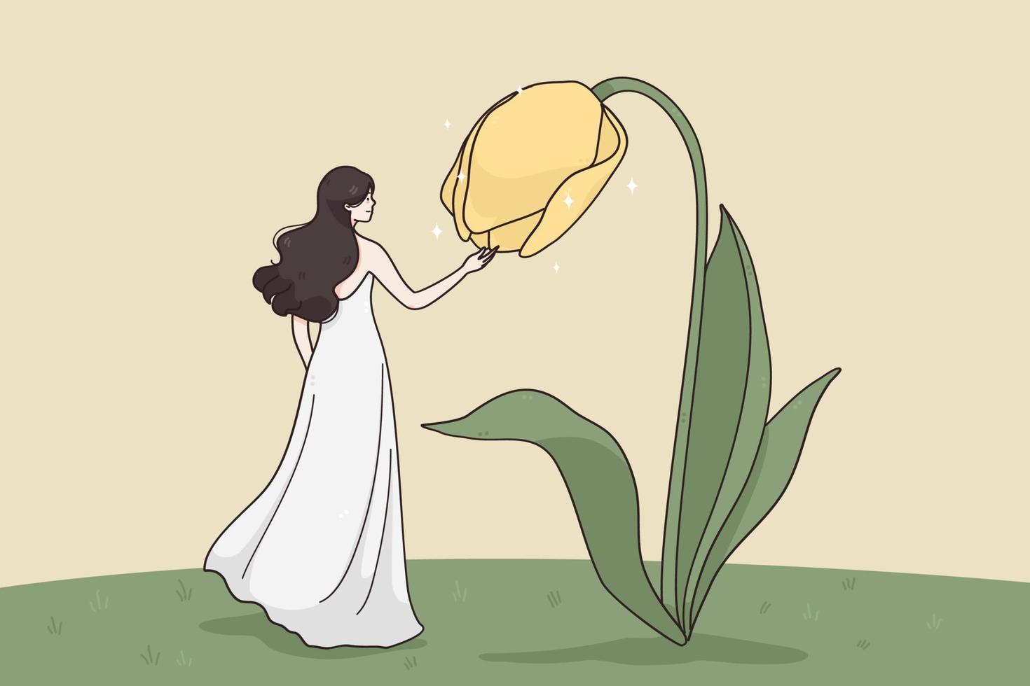 natureza, beleza, conceito de ternura. encontro surreal de uma jovem bonita em um personagem de desenho animado de vestido longo em pé e tocando uma flor gigante amarela desabrochando no jardim ilustração do vetor