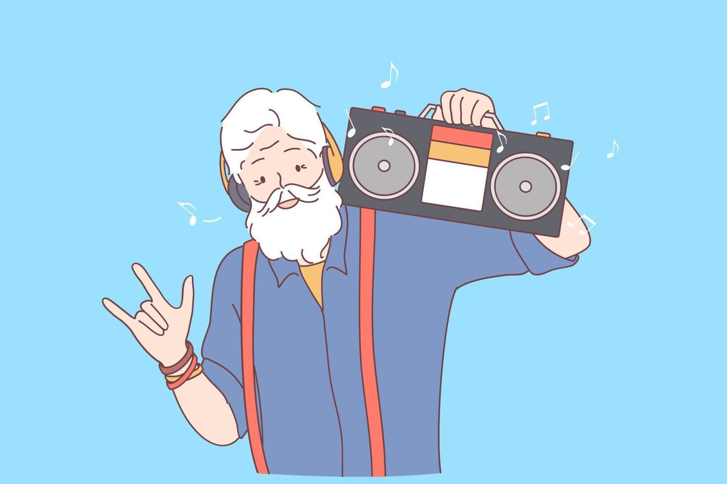 liberdade, festa, conceito divertido. personagem de desenho animado de avô positivo de cabelos grisalhos dançando sobre fundo azul e segurando o toca-discos no ombro ouvindo música vetor