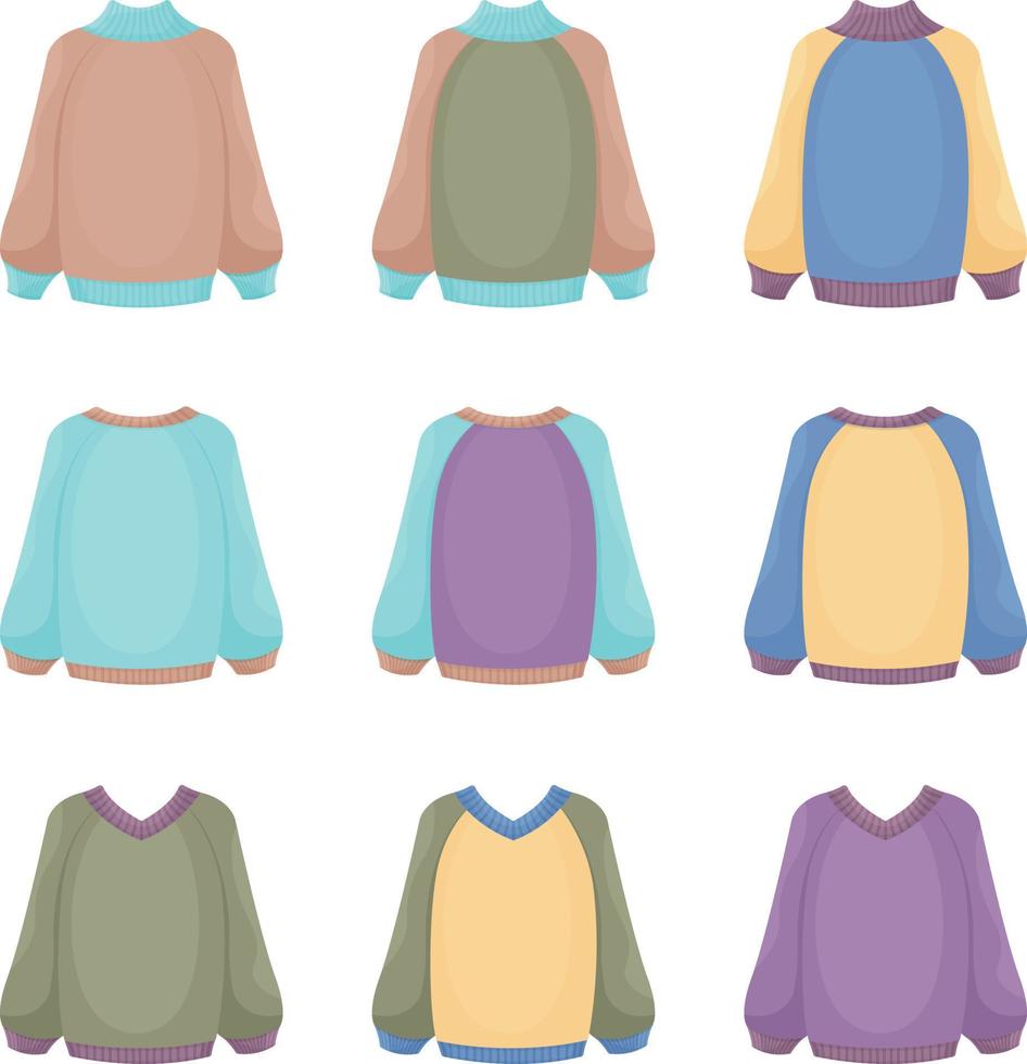um grande conjunto com a imagem de blusas de malha quentes de várias cores e formas. suéteres isolados para caminhar no clima frio de outono. roupas quentes para o frio. ilustração vetorial vetor