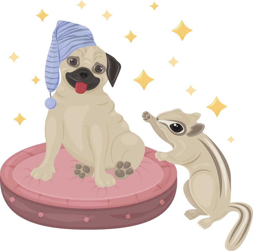 uma ilustração infantil fofa e brilhante com a imagem de um cachorrinho pug fofo sentado em um travesseiro e um esquilo parado ao lado dele. animais fofos cercados por estrelas. ilustração infantil para impressão vetor