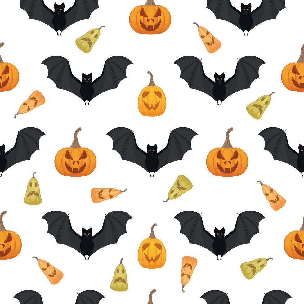 um padrão sem costura brilhante com a imagem de jack-o - lanternas e morcegos pretos. um padrão com símbolos de halloween. padrão para uma impressão com abóboras. ilustração vetorial vetor