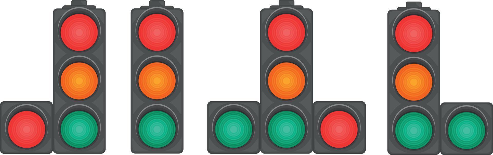 um conjunto de quatro semáforos com diferentes arranjos de seções. semáforo. uma ilustração representando um semáforo com luzes redondas vermelhas, amarelas e verdes. um dispositivo para regular o tráfego vetor