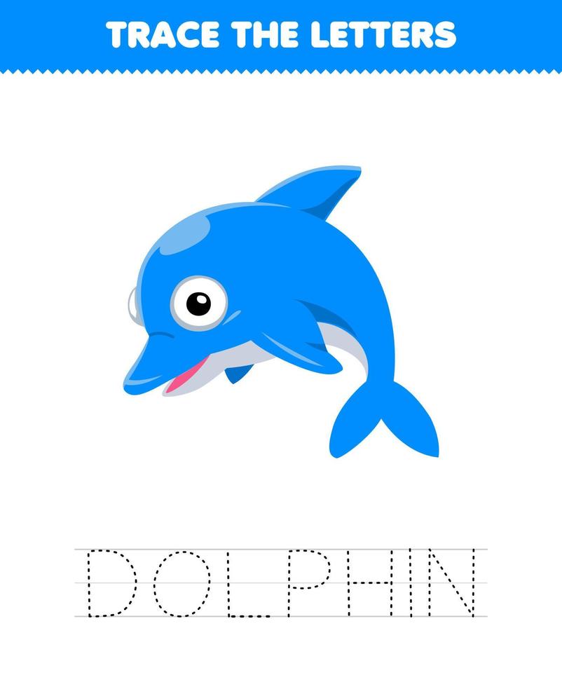 jogo de educação para crianças traçar a carta do golfinho bonito dos desenhos animados planilha subaquática imprimível vetor