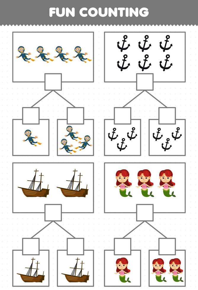 jogo de educação para crianças divertidas contando imagens em cada caixa de desenho animado fofo mergulhador âncora navio naufragado sereia planilha subaquática imprimível vetor