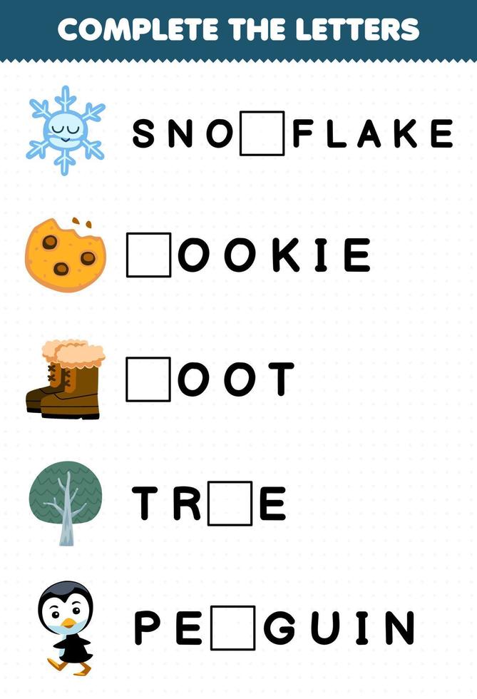 jogo educacional para crianças, complete as letras da folha de trabalho de inverno imprimível de bolacha de floco de neve de desenho animado pinguim de árvore vetor