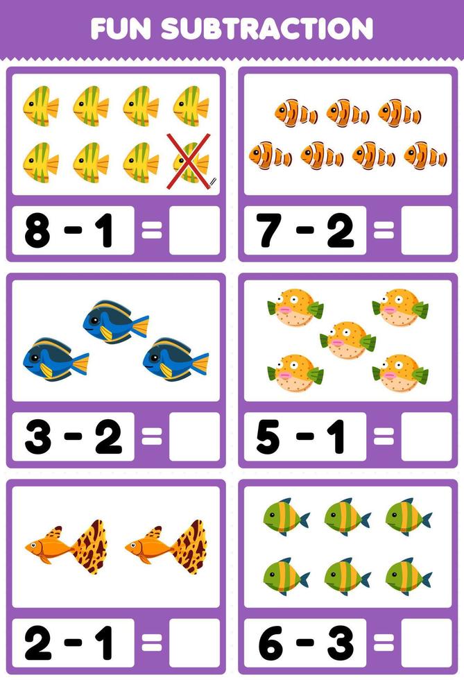 jogo educacional para subtração divertida para crianças, contando e eliminando peixes bonitos dos desenhos animados, planilha subaquática imprimível vetor