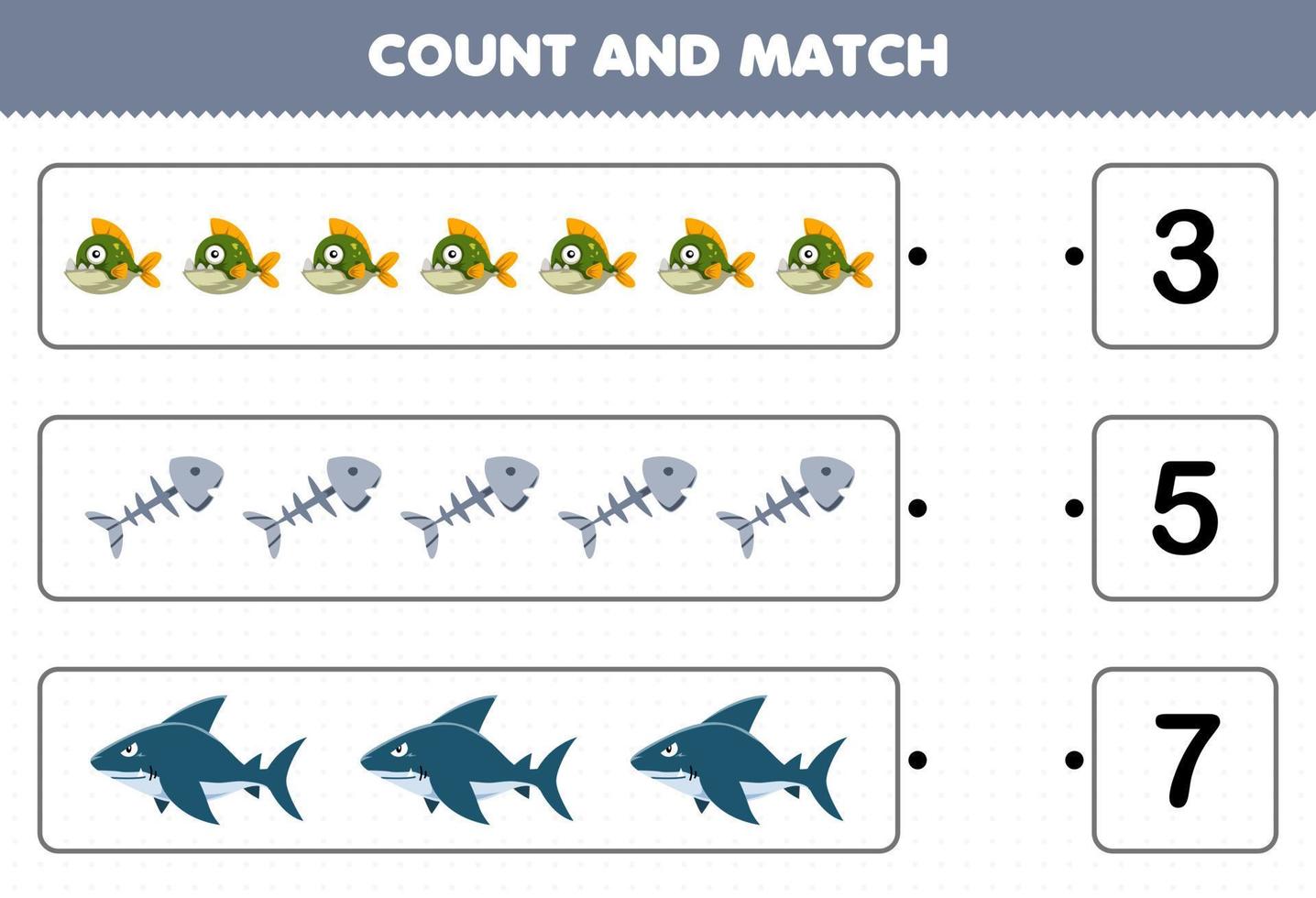 jogo de educação para crianças conte o número de tubarão de osso de peixe piranha bonito dos desenhos animados e combine com os números certos planilha subaquática imprimível vetor