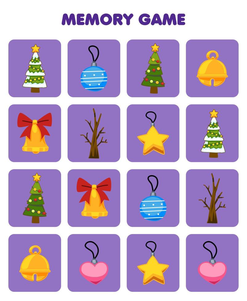 jogo de educação para a memória das crianças para encontrar fotos semelhantes de enfeite de sino de árvore de natal bonito dos desenhos animados planilha de inverno imprimível vetor