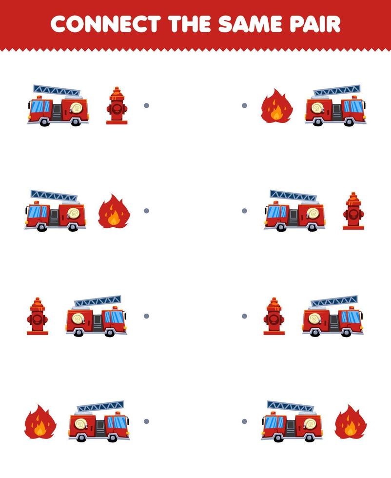 jogo de educação para crianças conectar a mesma imagem de folha de trabalho de transporte imprimível de par de fogo de caminhão de bombeiro de desenho animado bonito e hidrante vetor