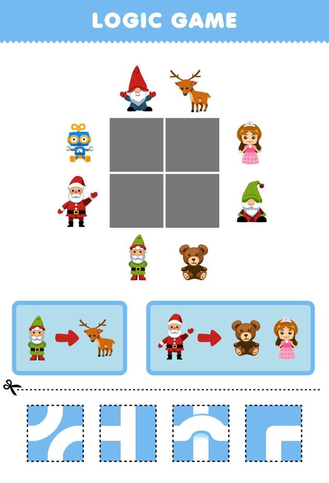 jogo educacional para crianças, quebra-cabeça lógico, construa a estrada para o gnomo e o papai noel, mova-se para o cervo, ursinho de pelúcia e boneca, planilha de inverno imprimível vetor