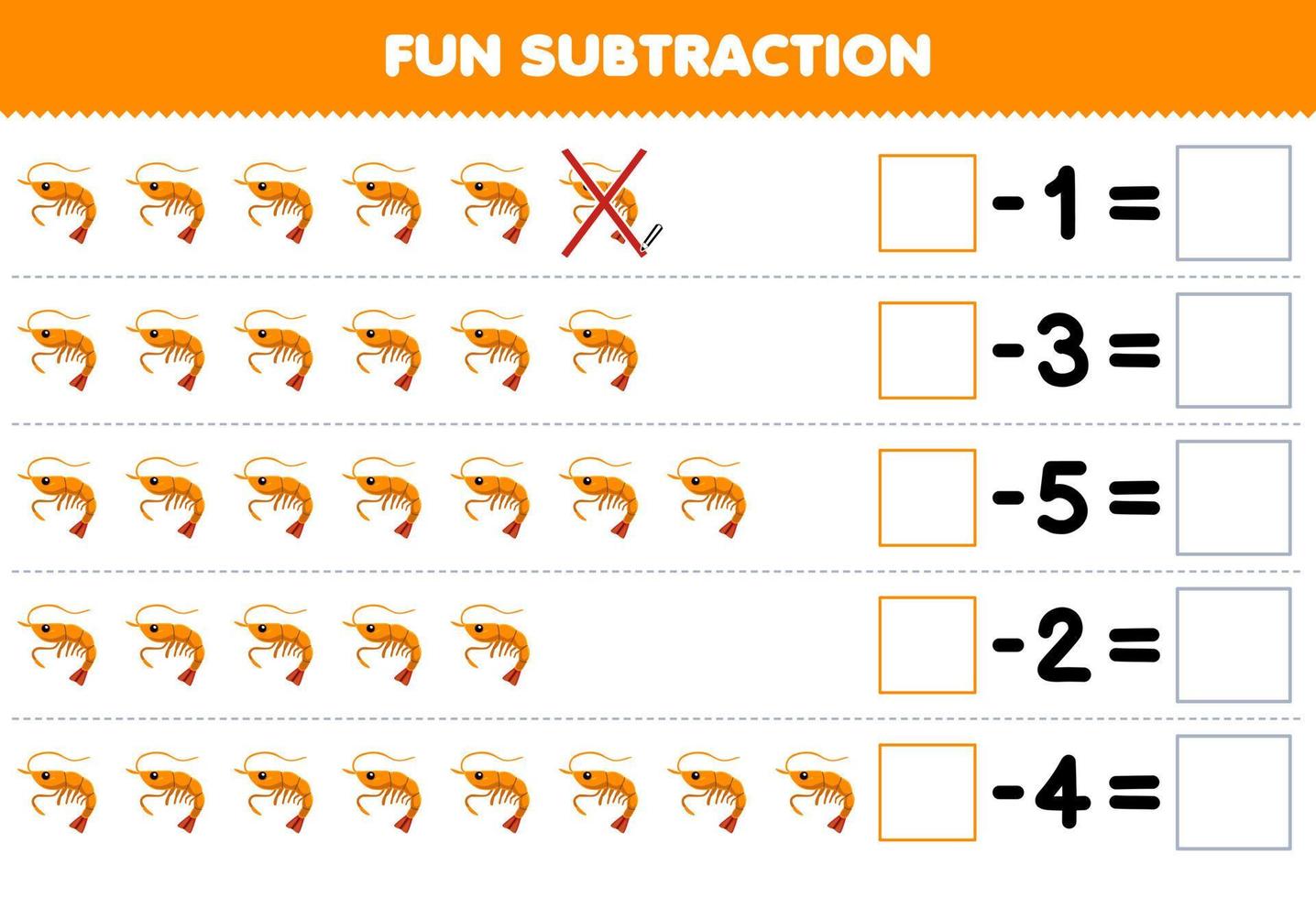 jogo educacional para subtração divertida para crianças, contando camarões de desenho animado fofos em cada linha e eliminando-os planilha subaquática imprimível vetor