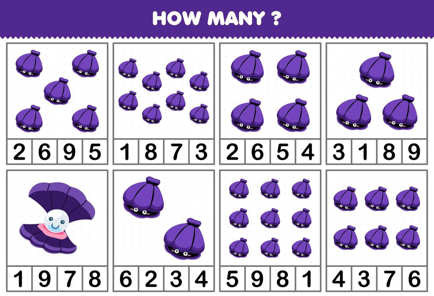 jogo de educação para crianças contando quantos objetos em cada mesa de folha de trabalho subaquática imprimível de concha de desenho animado bonito vetor