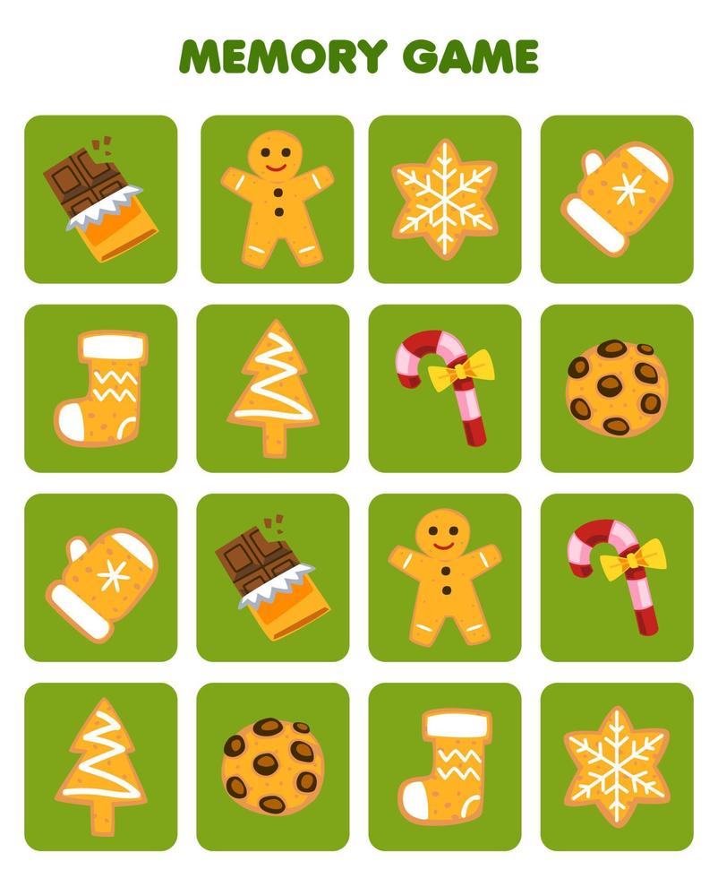 jogo de educação para a memória das crianças para encontrar imagens semelhantes de folha de trabalho de inverno para impressão de biscoito de gengibre de chocolate bonito dos desenhos animados vetor
