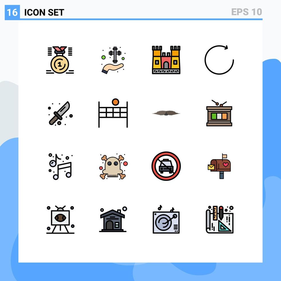 16 interface do usuário pacote de linhas cheias de cores planas de sinais e símbolos modernos de caminhada girar no sentido horário castelo de areia cristão elementos de design de vetor criativo editáveis