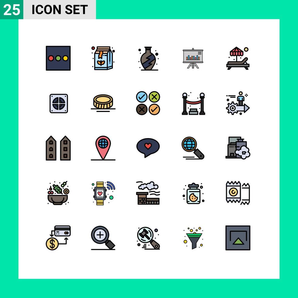 pacote de 25 sinais e símbolos modernos de cores planas de linha preenchida para mídia impressa na web, como elementos de design de vetores editáveis de negócios mecânicos de vaso de verão paradisíaco