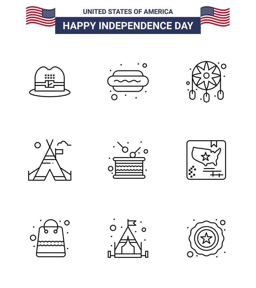 feliz dia da independência pacote de 9 linhas sinais e símbolos para decoração de dia de feriado tenda americana editável elementos de design de vetor de dia dos eua