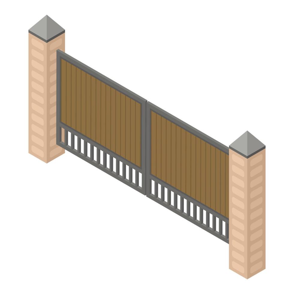 ícone de portões de metal de madeira, estilo isométrico vetor