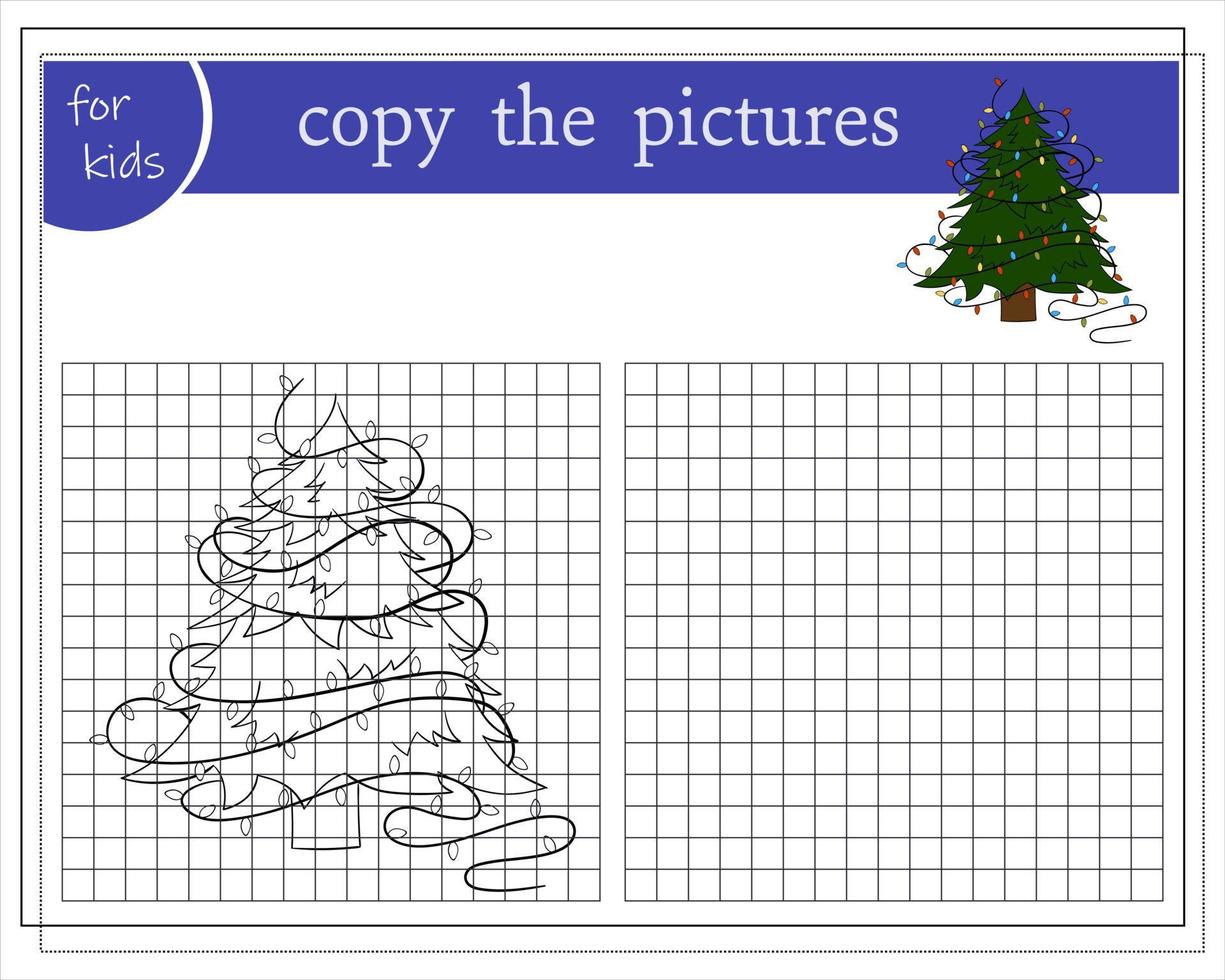 copie a imagem, jogos educativos para crianças, árvore de natal dos desenhos animados. vetor