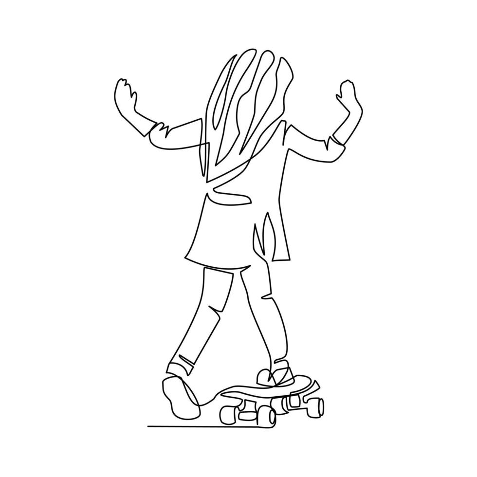 ilustração vetorial de uma garota andando de skate desenhada em estilo de arte de linha vetor