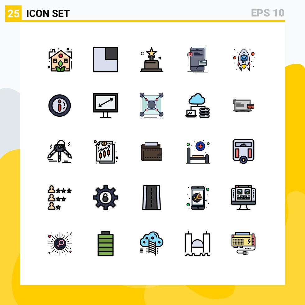 pacote de linha vetorial editável de 25 cores planas de linha preenchida simples de desenvolvedor de cinema de e-mail de foguete elementos de design de vetores editáveis móveis