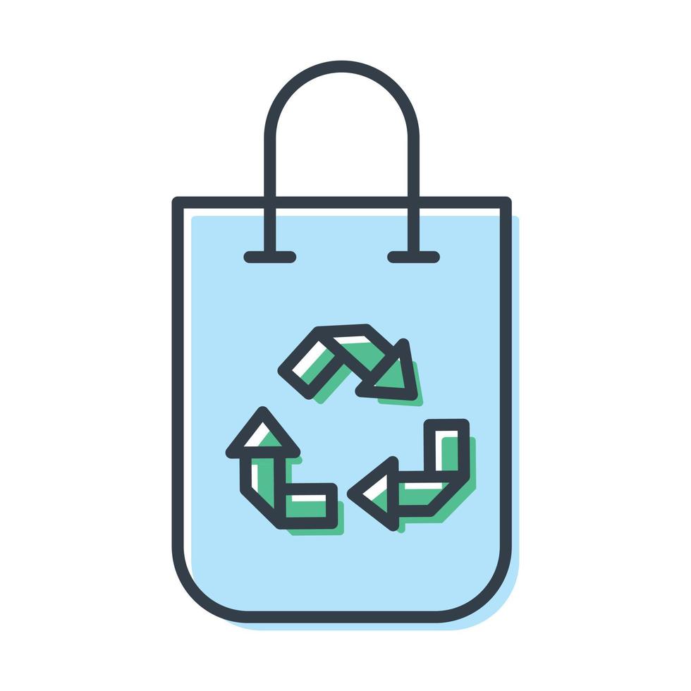 ícone isolado de vetor de plástico ou saco de compras com sinal de reciclagem.