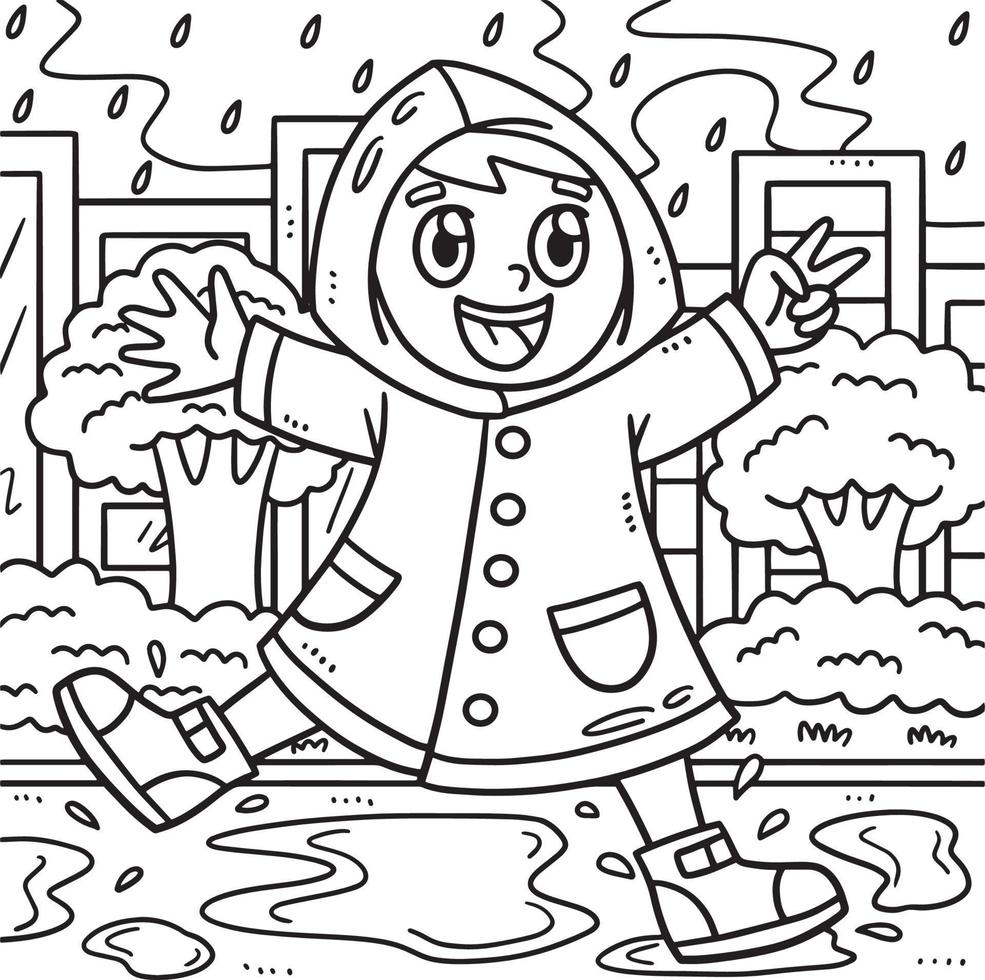 desenho de menino primavera brincando sob a chuva para colorir vetor