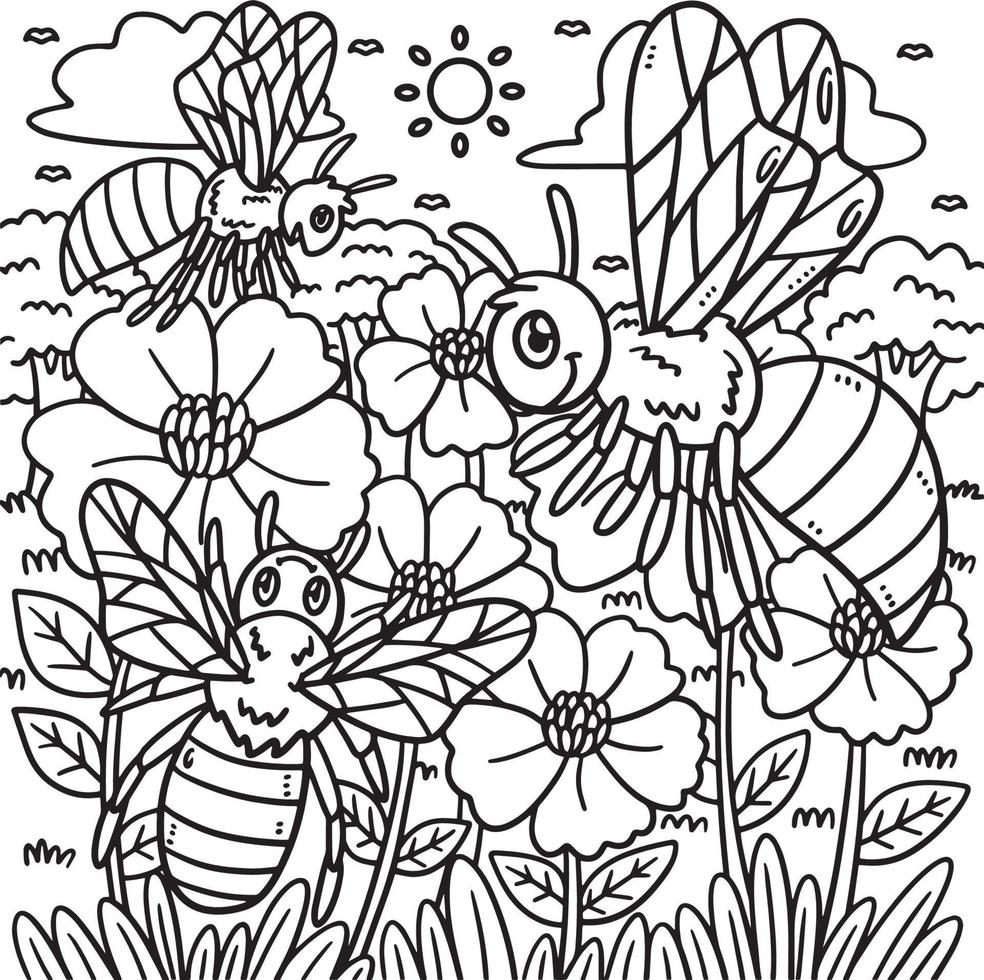 desenho de abelhas da primavera coletando pólen para colorir vetor