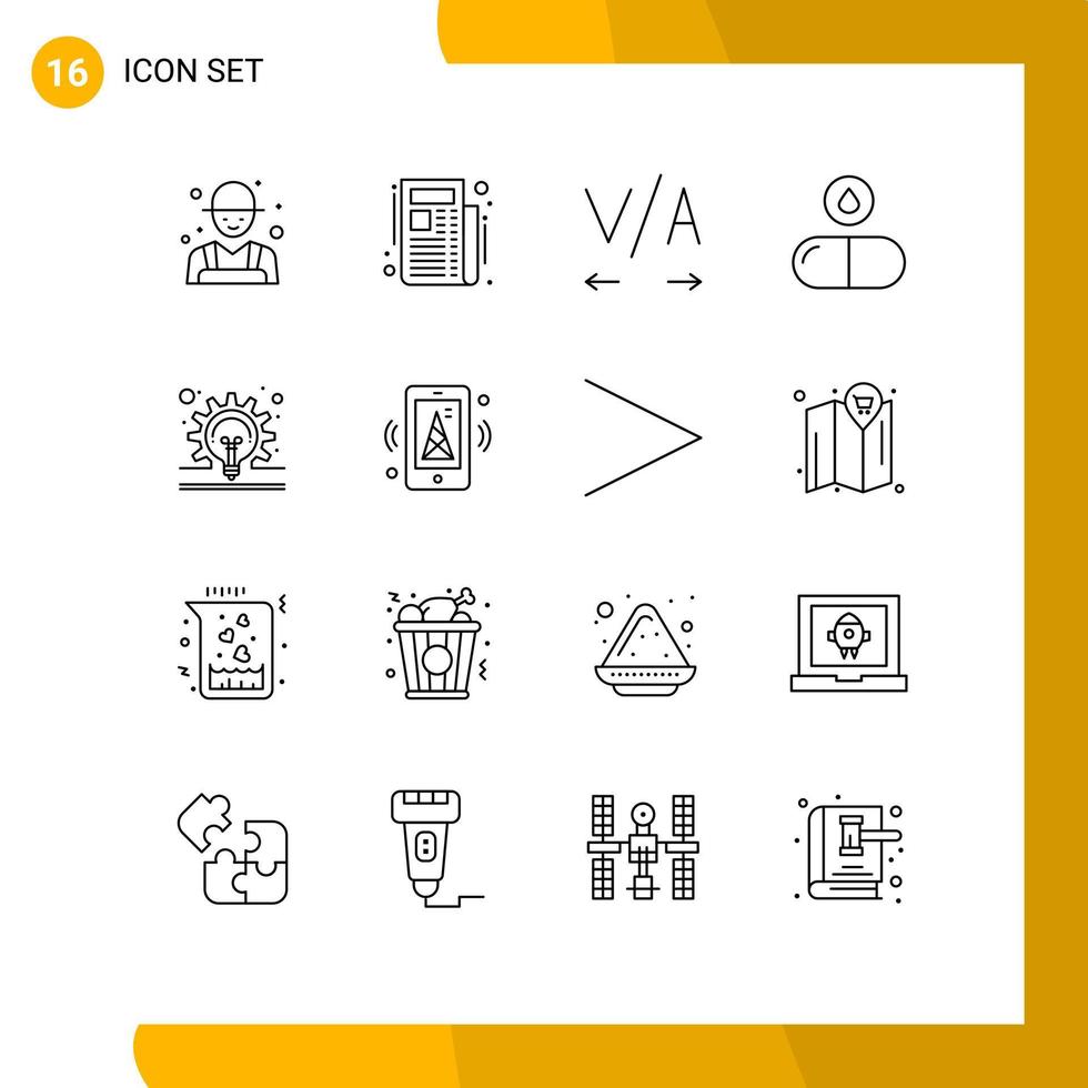 conjunto de esboço de interface móvel de 16 pictogramas de pílulas de conceito de texto de engrenagem de internet elementos de design de vetores editáveis