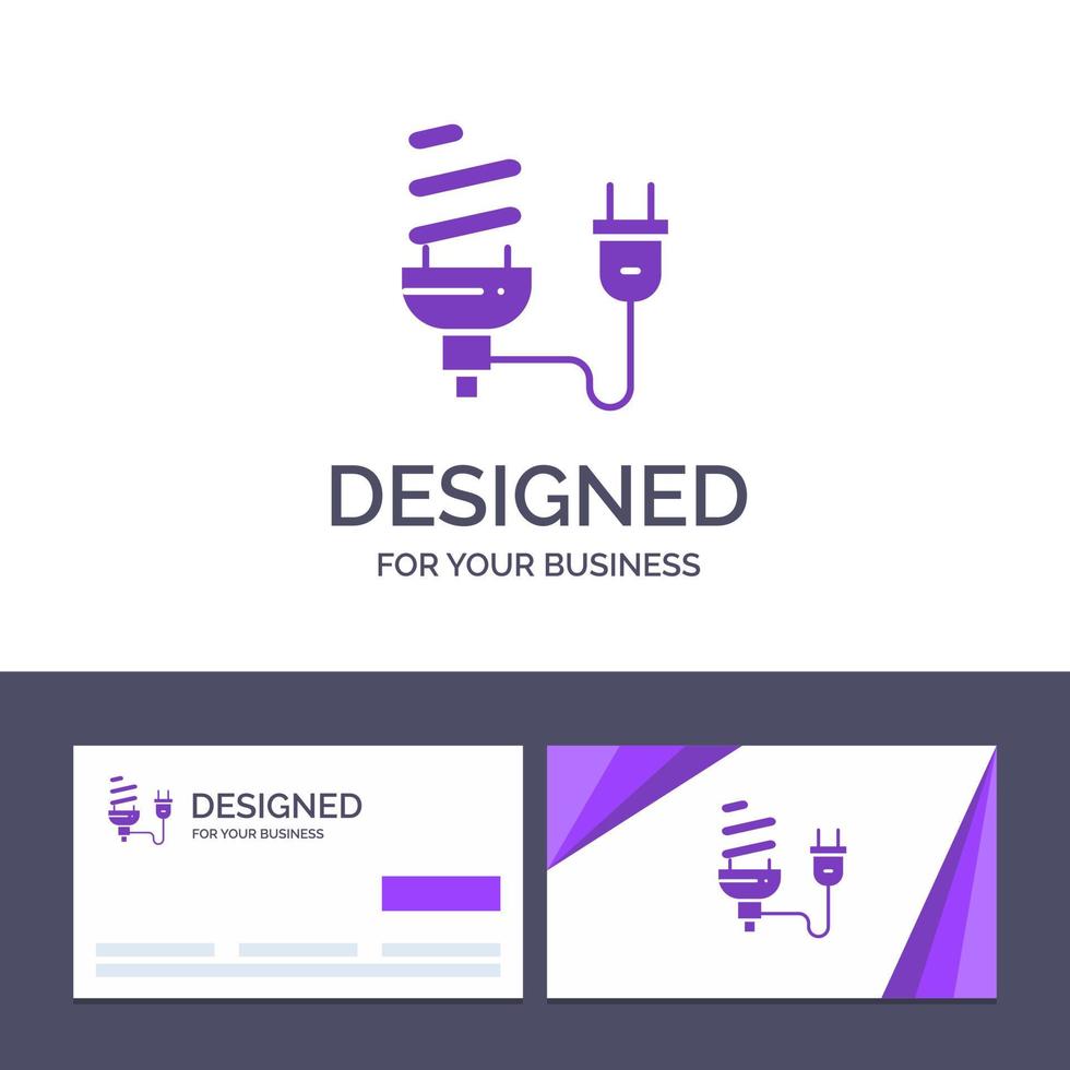 cartão de visita criativo e modelo de logotipo bulbo econômico energia elétrica plugue de lâmpada ilustração vetorial vetor
