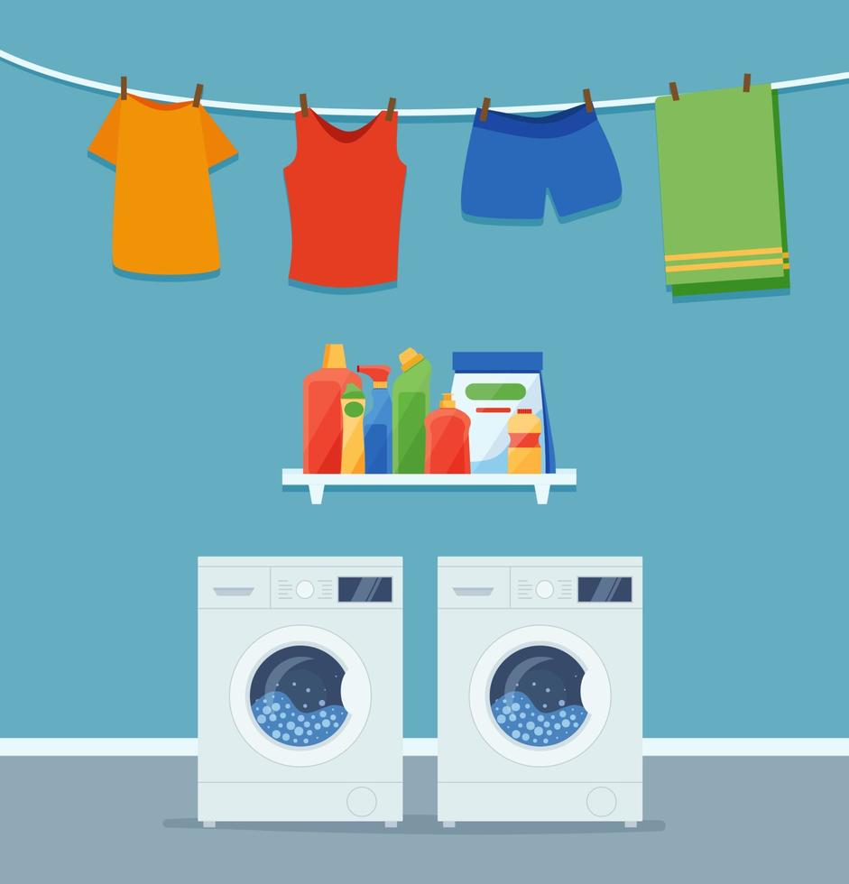 interior da lavanderia com máquina de lavar, roupas e produtos de limpeza. vetor
