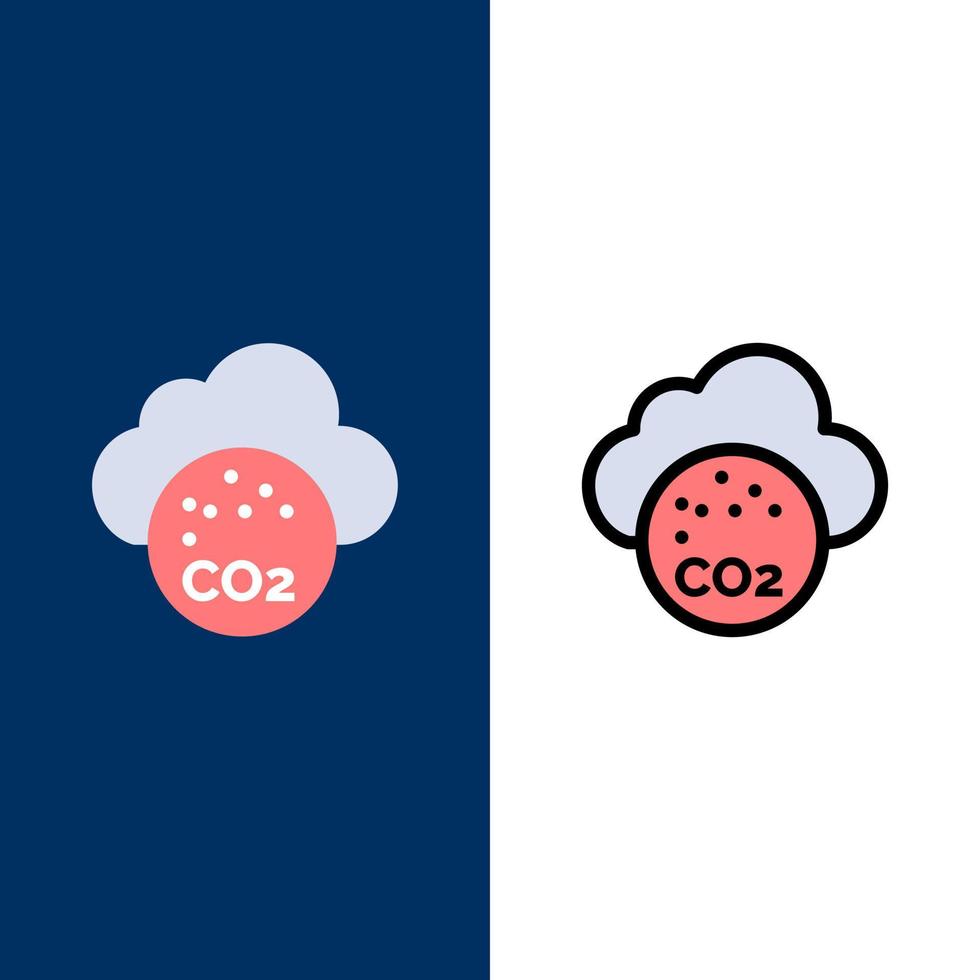 ícones de poluição de dióxido de carbono co2 do ar plano e conjunto de ícones cheios de linha vector fundo azul