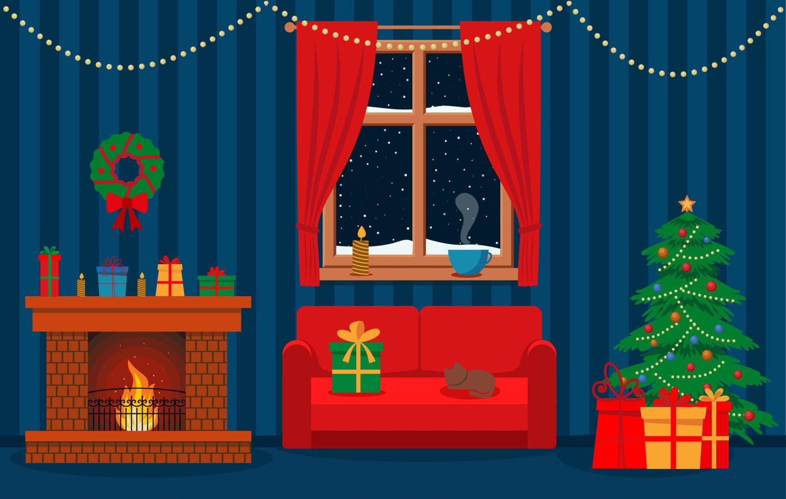 natal interior aconchegante com sofá vermelho, presentes e lareira. ilustração em vetor estilo simples.