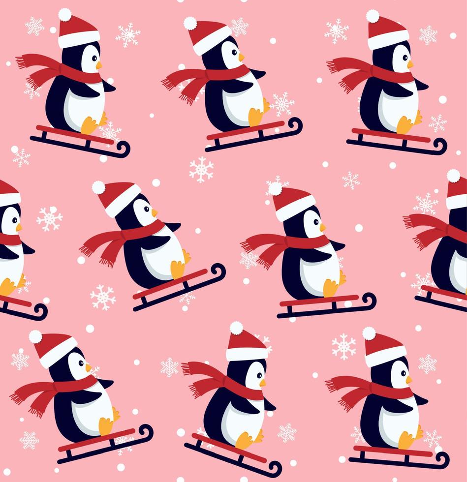 padrão sem emenda de pinguins. pinguins de bebê fofo em roupas de inverno e chapéus, animais árticos de natal, têxteis infantis ou textura vetorial de papel de parede. vetor