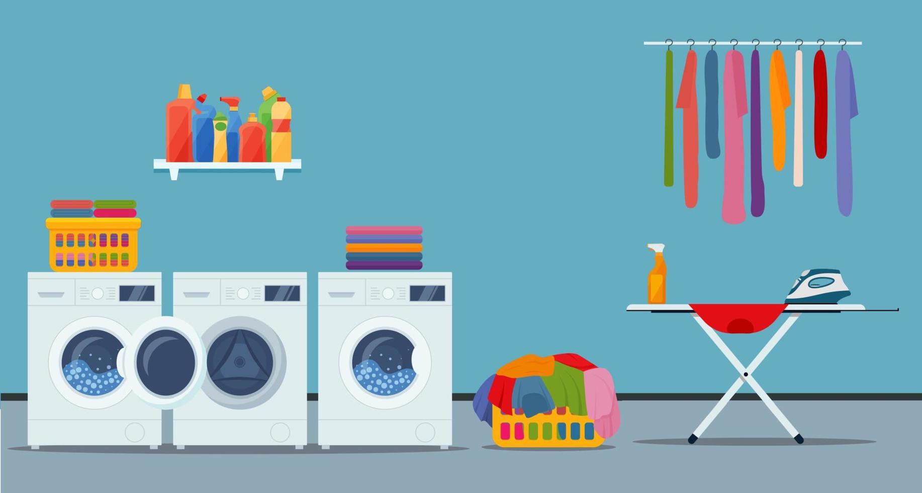 interior da lavanderia com máquina de lavar, calandra, ferro, roupas e produtos de limpeza. vetor