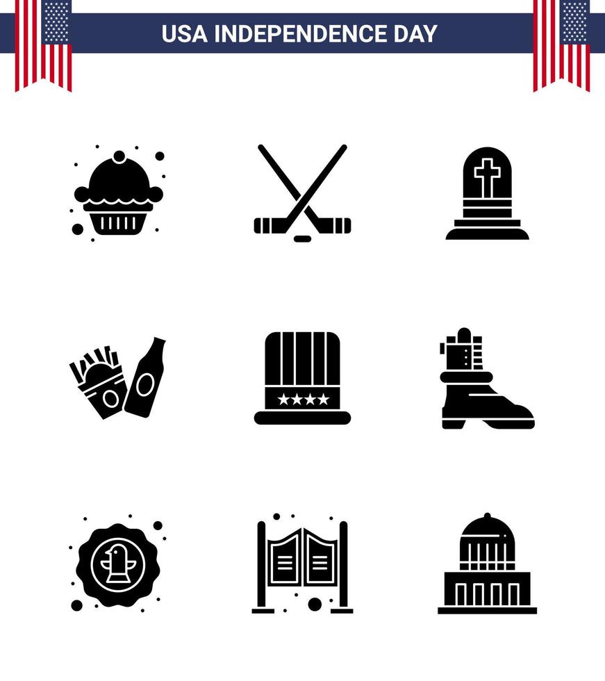 conjunto de 9 ícones do dia dos eua símbolos americanos sinais do dia da independência para os eua cap grave hat frise editável eua day vector design elements