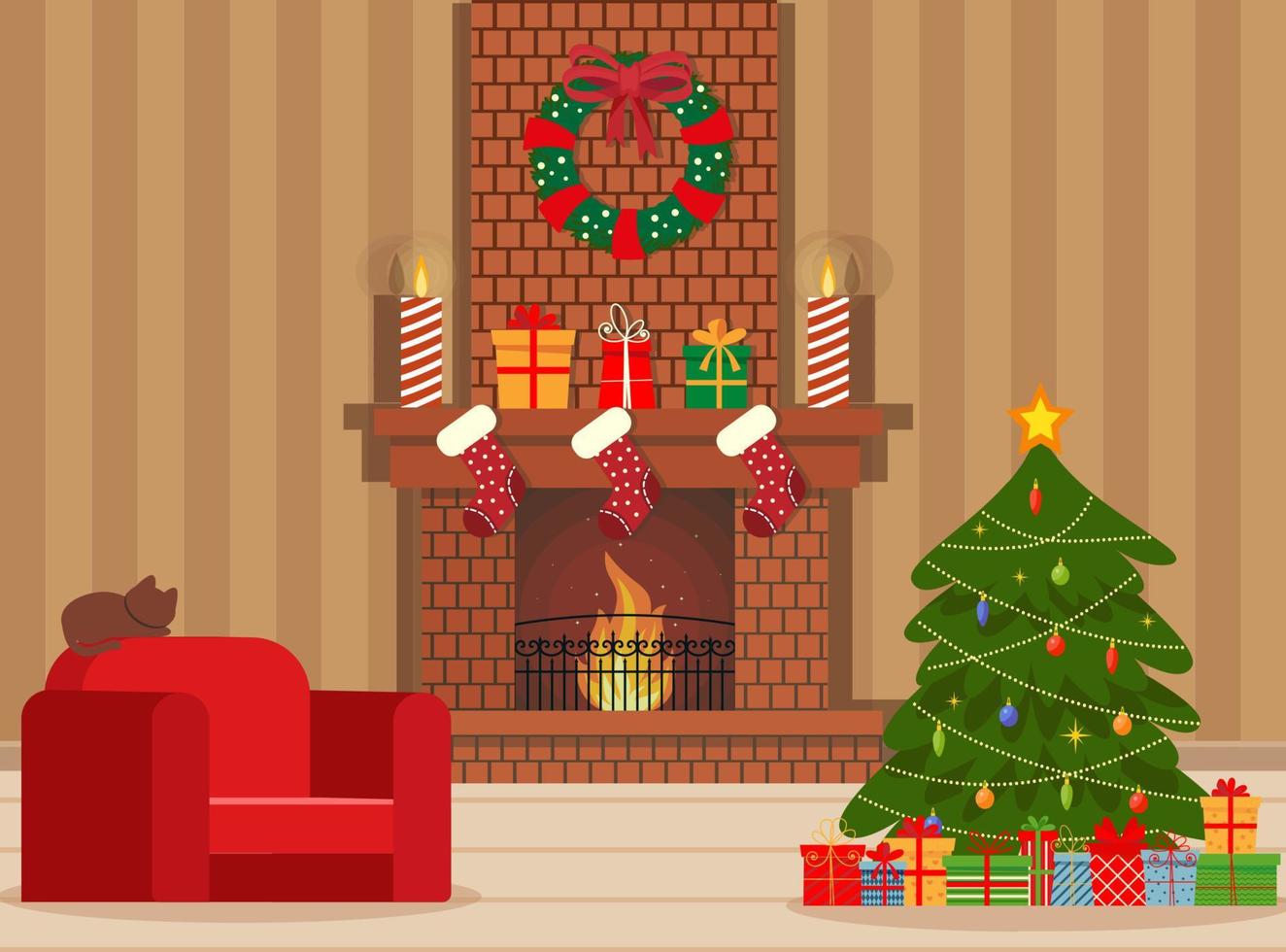 aconchegante vida interior natal com sofá vermelho, presentes e árvore. ilustração vetorial de estilo simples. vetor