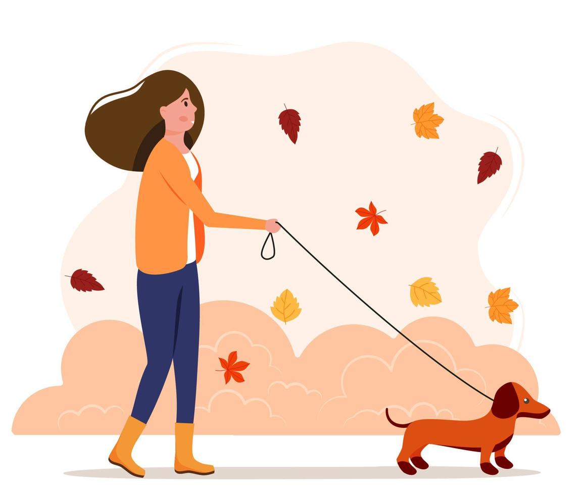 paisagem de outono. a menina caminha com o cachorro. fundo de outono. ilustração vetorial em estilo simples. vetor