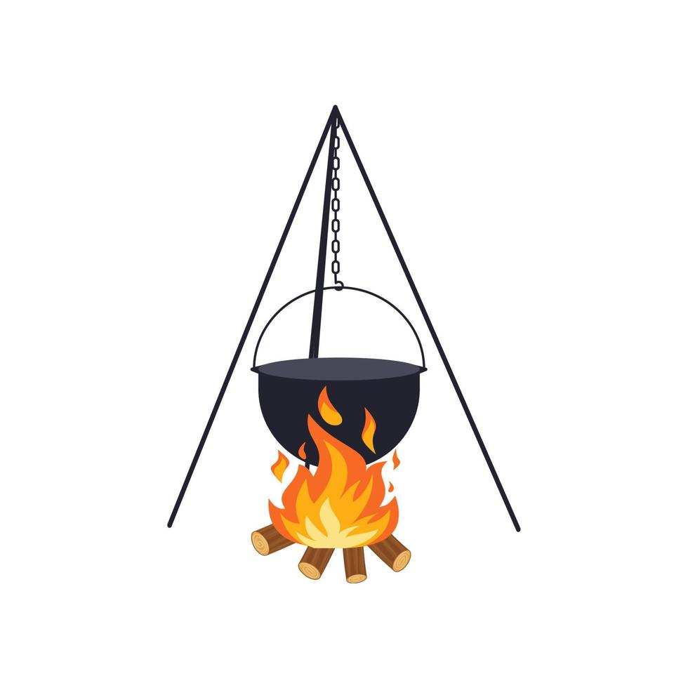 caldeirão sobre fogueira para cozinhar ao ar livre, isolado no fundo branco. ilustração vetorial em um estilo simples. vetor