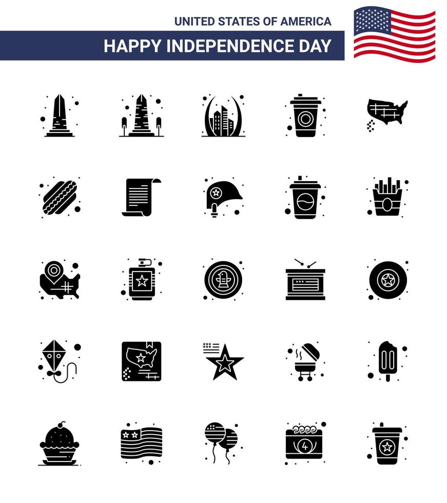 conjunto de 25 ícones do dia dos eua símbolos americanos sinais do dia da independência para os estados americanos de referência bebem elementos de design do vetor do dia dos eua editáveis