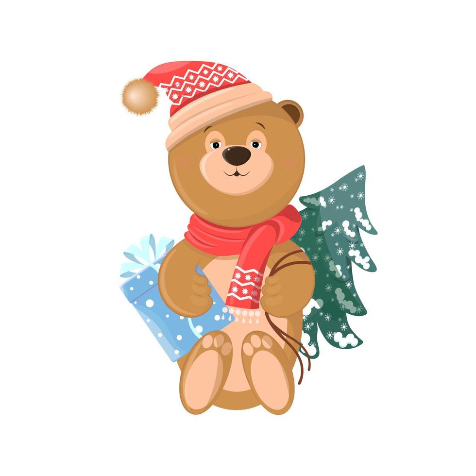 um tipo de urso de ano novo em um chapéu e cachecol com um padrão. com um presente nas patas e uma árvore de natal nas costas vetor